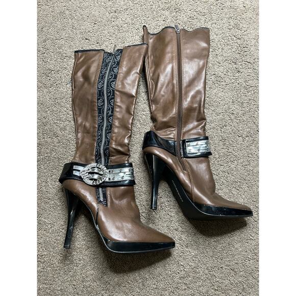 Women’s size 6.5 rocawear vtg brown stiletto heeled boots high heel knee high - Picture 1 of 4